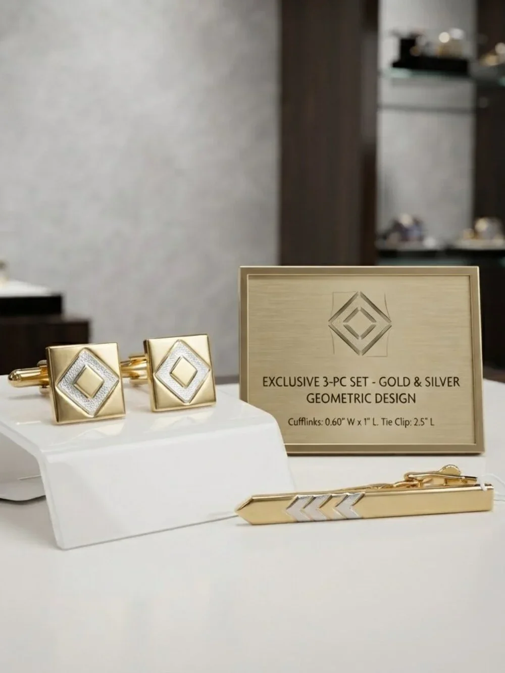 Vintage Gold & Silver-Tone Geometric 3-Piece Cufflink and Tie Clip Set